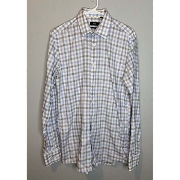 Hugo Boss Dress Shirt 15.5 34/35 Sharp Fit Blue Grey Long Sleeve Checkered - Picture 1 of 4